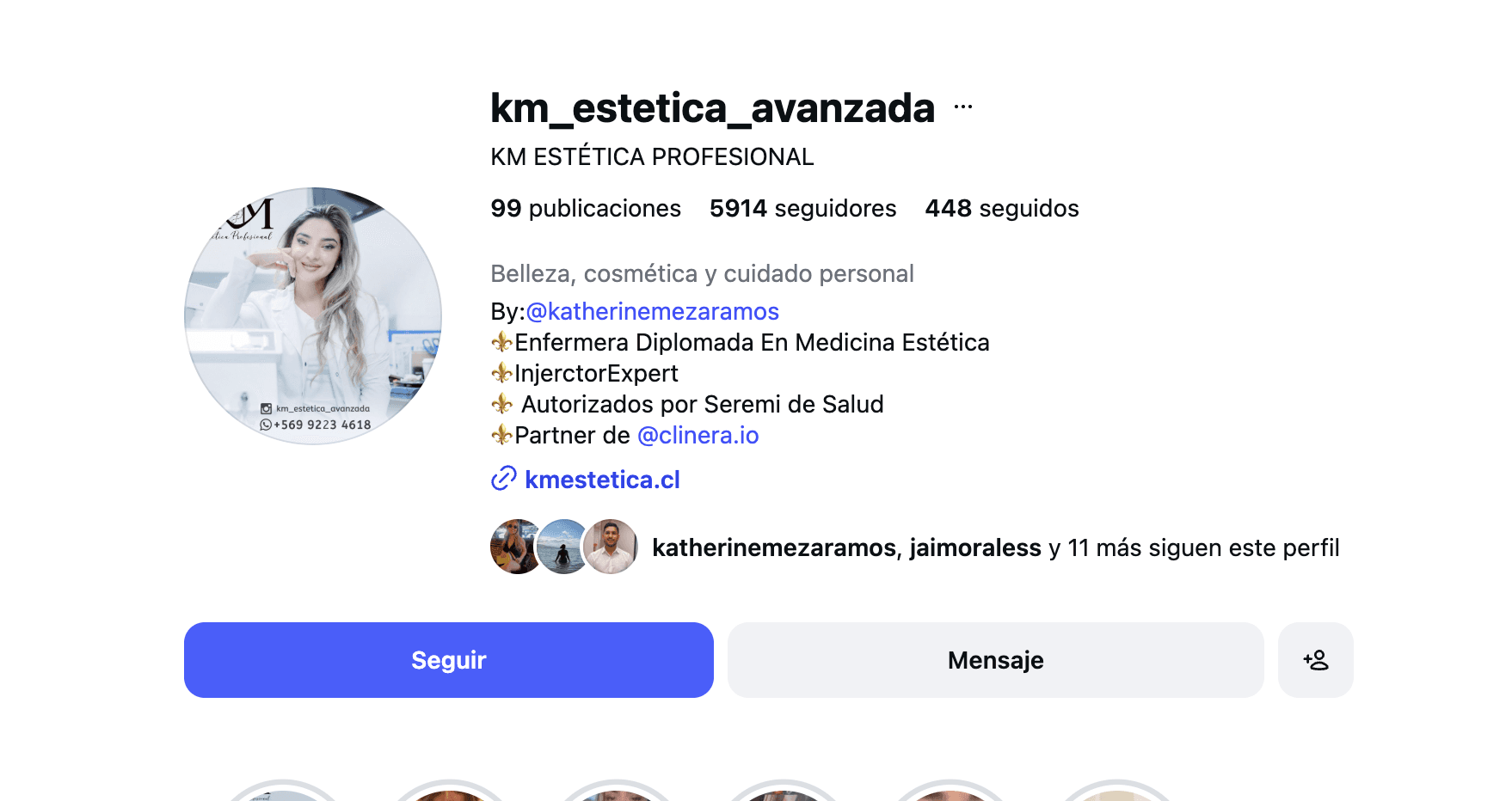 Bio de Instagram de KM Estética con «Partner de @clinera.io».